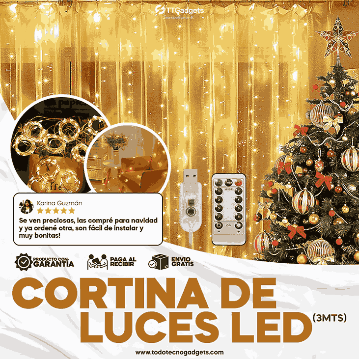 Cortina de Luces LED con Gancho, 3M x 3M 300LEDS Impermeable, 8 Modos de Luces con Control Remoto, Cadena de Luces, Fiestas, Navidad (blanco calido) | 30 días garantía