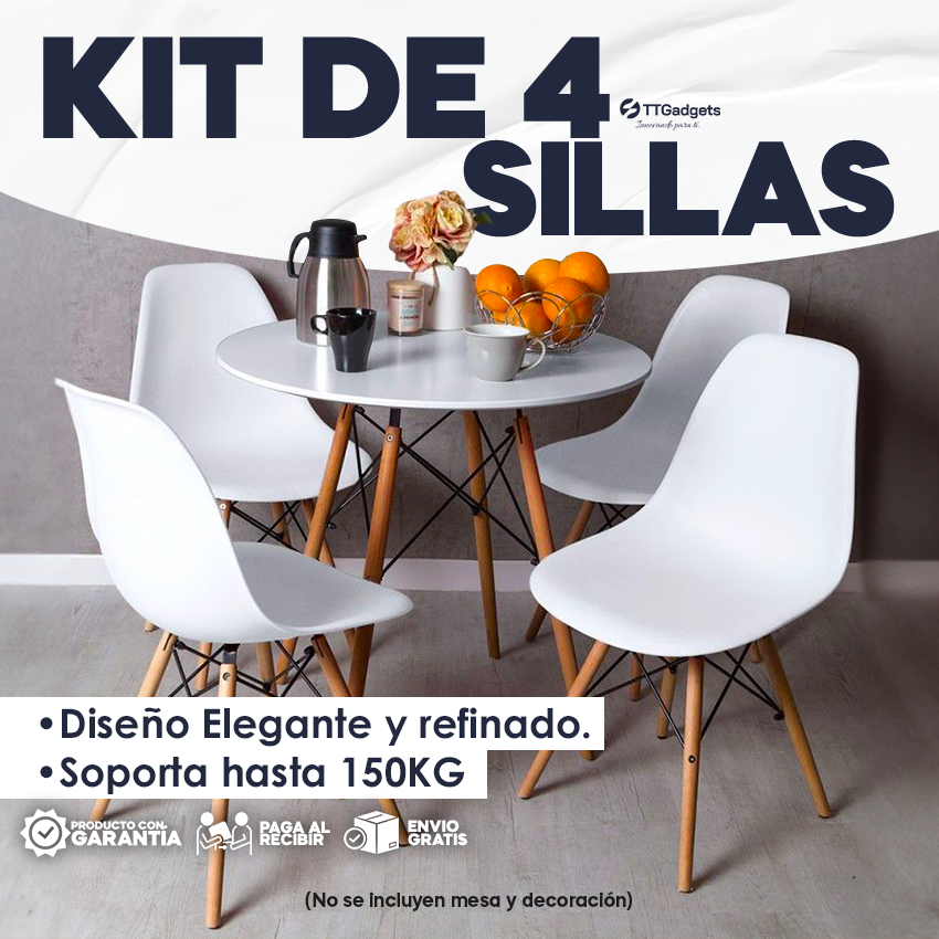 Kit De 4 Sillas Tipo Eames Elegante y Minimalista Colores Disponibles | Interior o Exterior | Cocina, Reunión, Etc. | 30 días Garantía