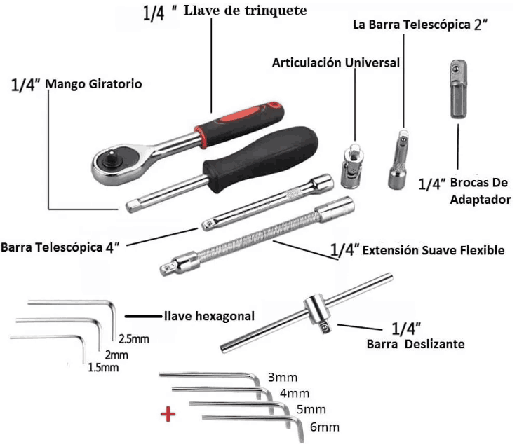 Juego De Herramientas Llaves de Tubo Y Trinquete 46 Piezas