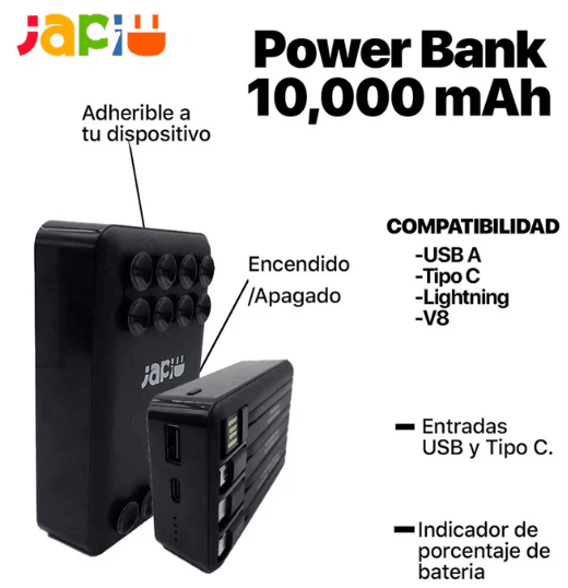 Cargador portatil Powerbank 10000 Milamperios entrada Tipo C, Iphone, USB A, Lighting, V8 gaddi