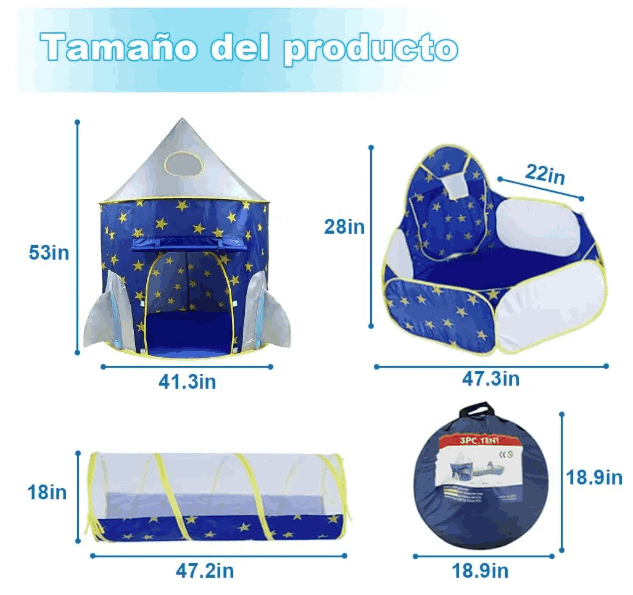 Tienda Cohete con Túnel y Alberca Pelotero 3 en 1 para Niños