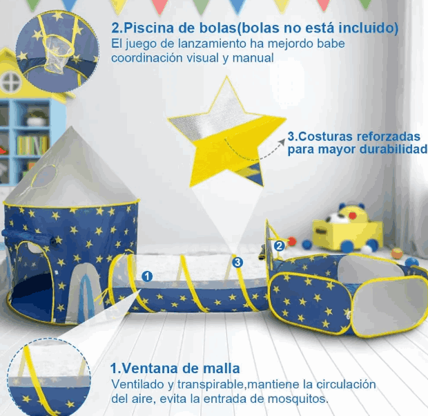 Tienda Cohete con Túnel y Alberca Pelotero 3 en 1 para Niños