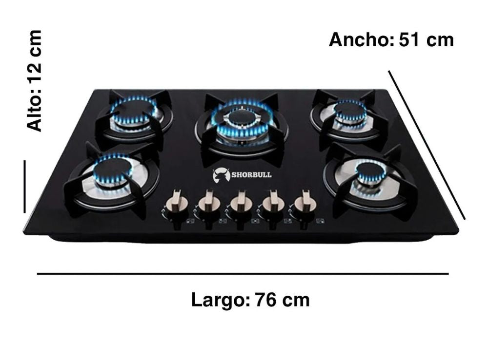 Parrilla Estufa 5 Quemadores de Gas Vidrio Templado Color Negro