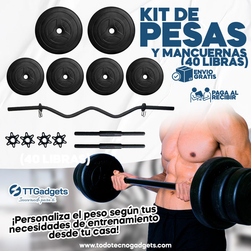 Kit Pesas & Mancuernas 40 libras  Barra Z y 4 Discos 10 Libras Ajustables MasterFit™